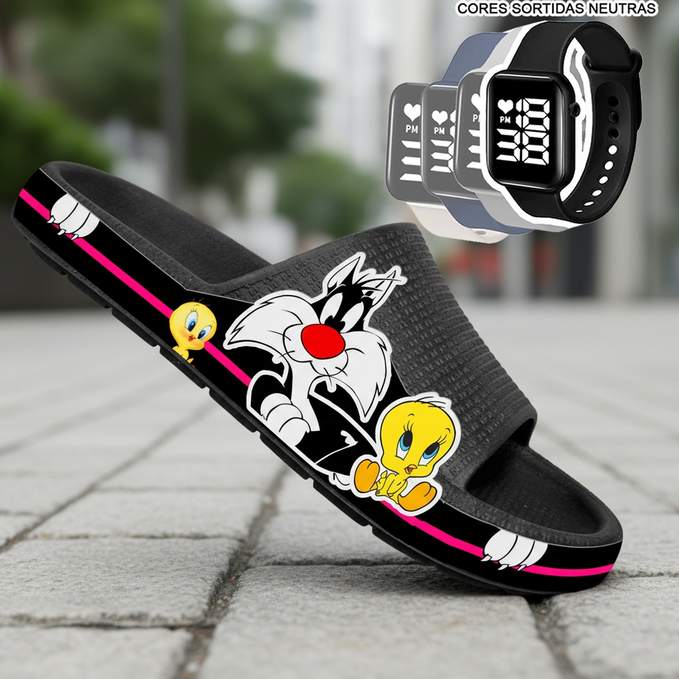 KIT Chinelo Adulto Pala Slide Nuvem Sandália Papete Feminino Leve Desenhos + RELÓGIO