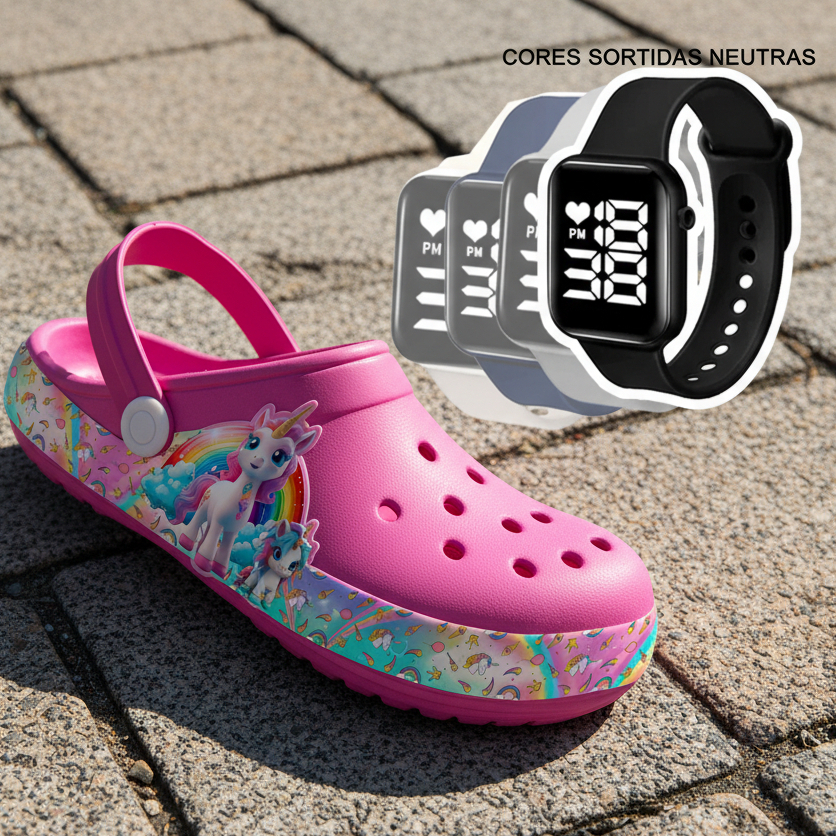 kit Babuche Max chinelo Papete Sandália Infantil Menina Desenhos + Relógio Digital cores sortidas