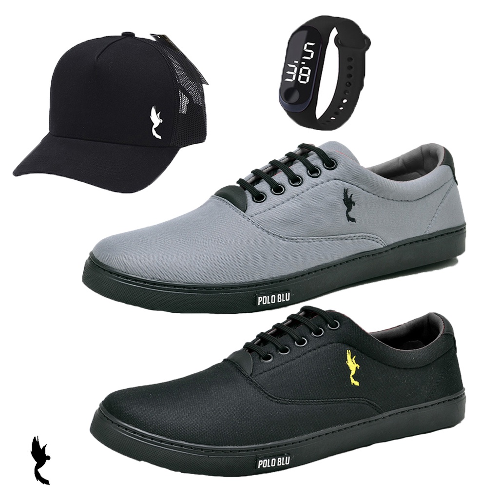 Tênis Masculino Kit 2 Pares Cano Baixo Polo Blu Com Relogio Digital e Boné Preto Combo Especial Numeração 37 ao 46