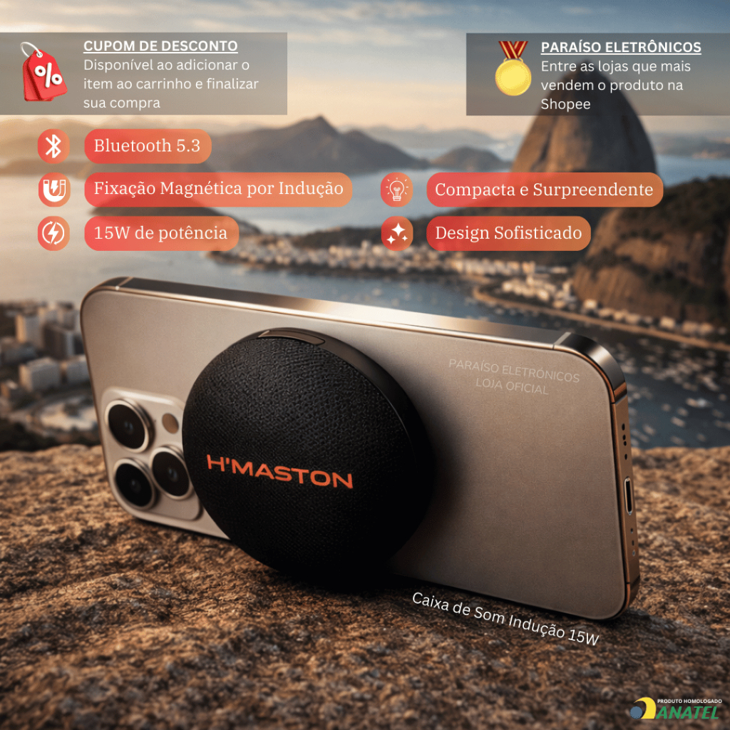 Caixa de Som Bluetooth 15W INDUÇÃO SEM FIO PORTÁTIL BASE MAGNÉTICA SOM POTENTE HMASTON