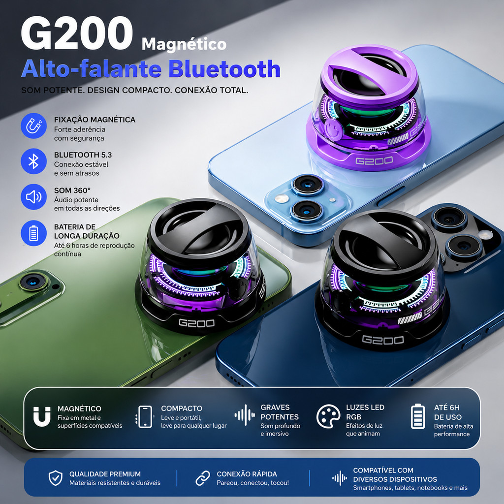 Caixa de Som Bluetooth Magnética Sem Fio G200, Mini Caixa de Som Portátil Multifuncional para Celular