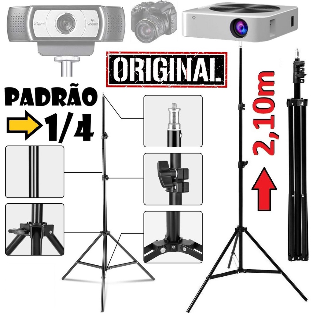 Tripé 2,10m Suporte Reforçado Para Câmera Webcam Smartphone Projetor Estúdio Iluminação Data Show Foto Vídeo Ajustável