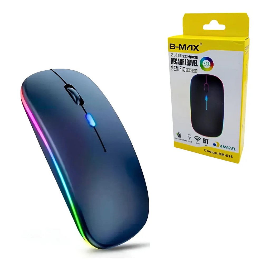 Mouse sem fio recarregável com led rgb: conforto e eficiência para seu home office white/black