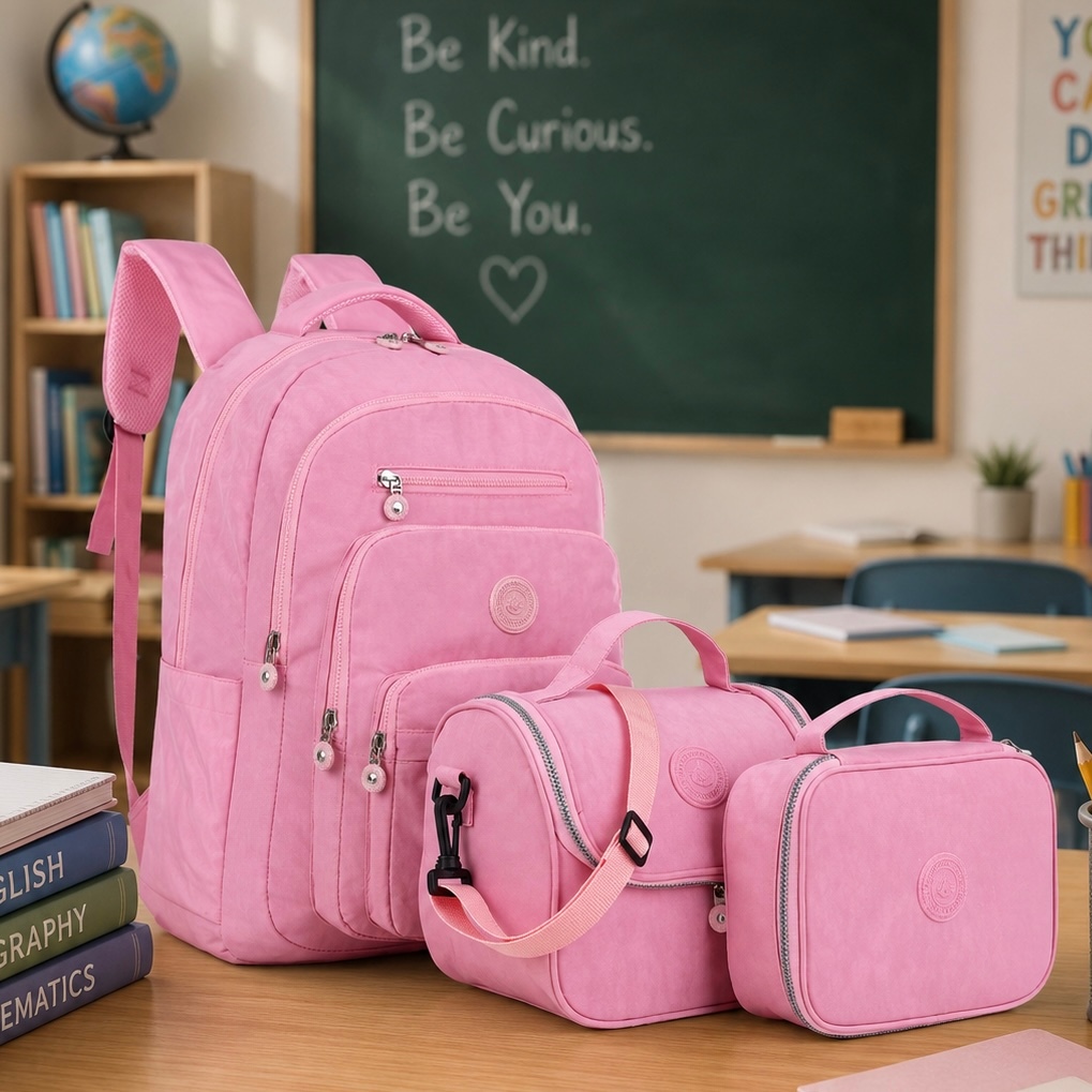 Kit 3 Mochila Feminina Masculino Estudantes Trabalho Viagem Para Escolar Com Bolsa Térmica Com Estojo Multineos