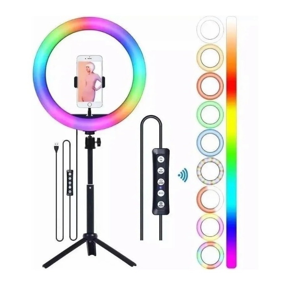 Ring Light LED RGB 10 Pol 26cm com Tripé 2,10m Suporte Celular para Fotos e Vídeos