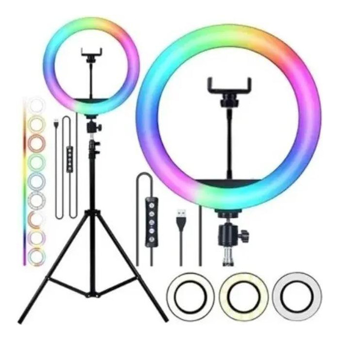 Ring Light LED RGB 12 Pol 30cm com Tripé 2,1m Dimerizável para Fotos e Vídeos