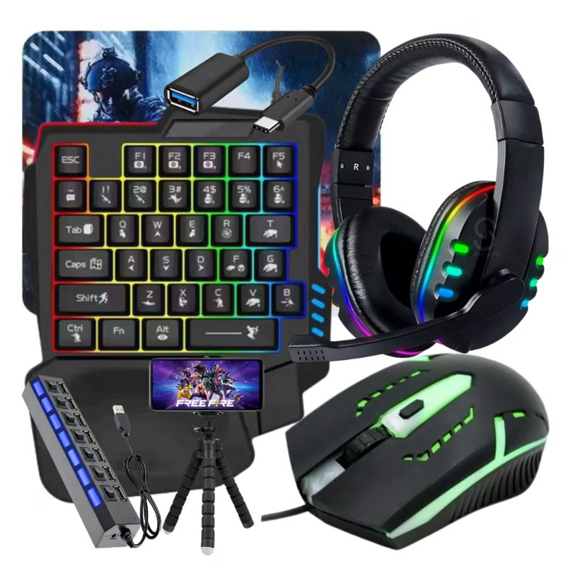 Kit Gamer Mobilador Celular Teclado Mouse Tripé Usb Rgb Otg Compatível com Freefire Jogos