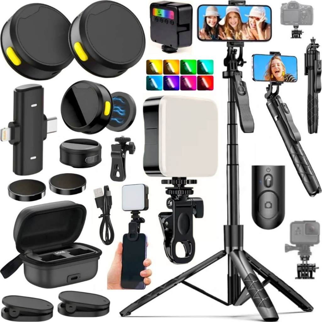 Kit Filmagem Bastão Tripé 170cm Microfone Duplo Sem Fio Luz Led Portátil Branco Frio Quente RGB