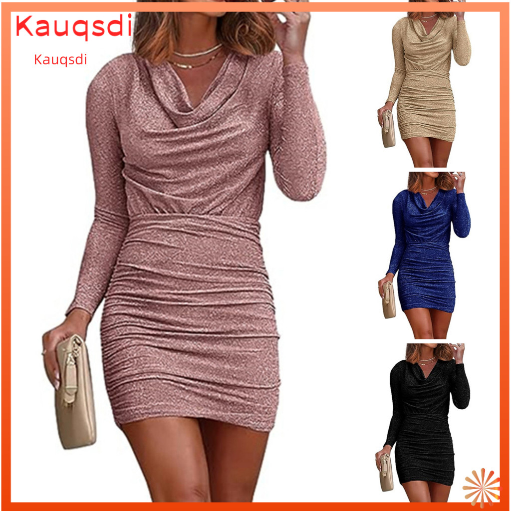 Women Dress Women’s Short Pleated Piled Neck Long Sleeves Slim Fit Sheath Pure Color Mini for Office Party Prom Evenin