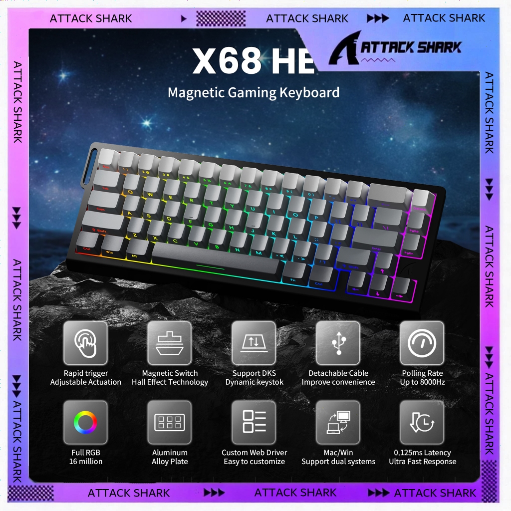 ATTACK SHARK X68 HE Rapid Trigger Mechanical Gaming Keyboard 60% Wired TKL with Adjustable Actuation