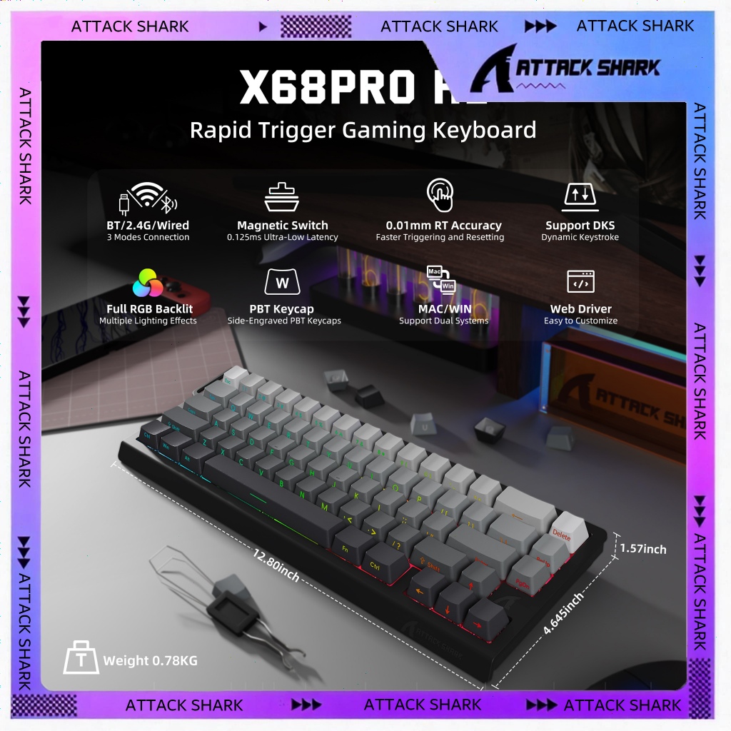 ATTACK SHARK X68PRO HE Wireless Rapid Trigger Gaming Keyboard, Adjustable Actuation,8K Polling Rate