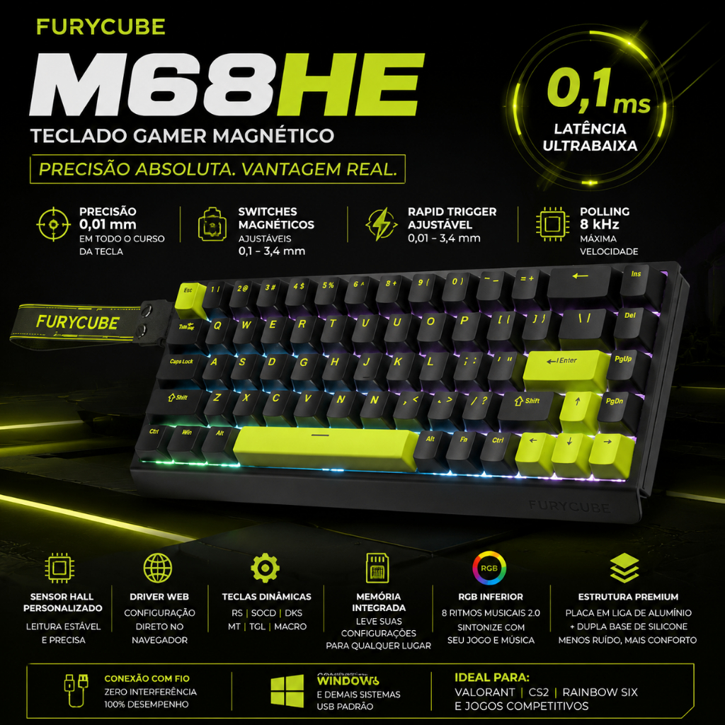 Teclado Magnetic Gamer M68HE RGB RT0.01mm 8kHz software Com Fio E-sports 0 Zona Hot-Swappable  Adjustable Actuation