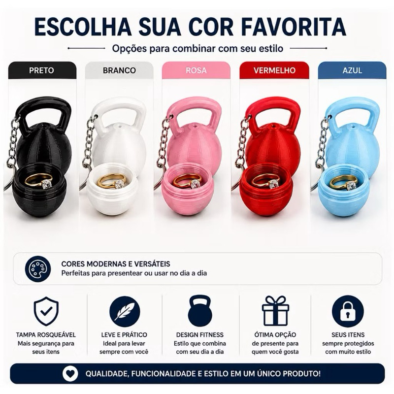 Chaveiro Mini Kettlebell Porta Anel Suplemento rosqueável Creatina Whey Academia Porta comprimidos