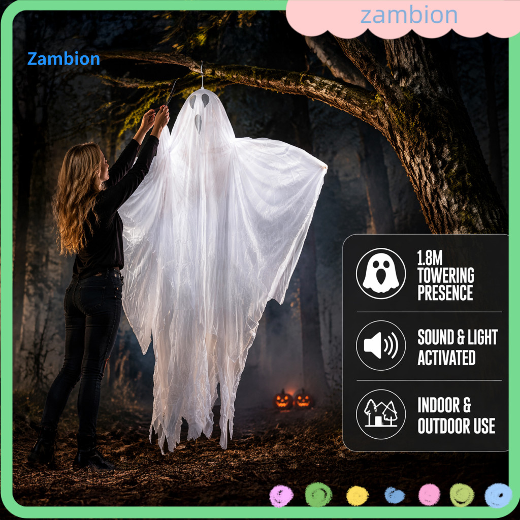 Halloween Ghost Decorations Window Hanging Electric Decor Motion Activated Light-up Spooky Ornament for Tree Porch Haunt