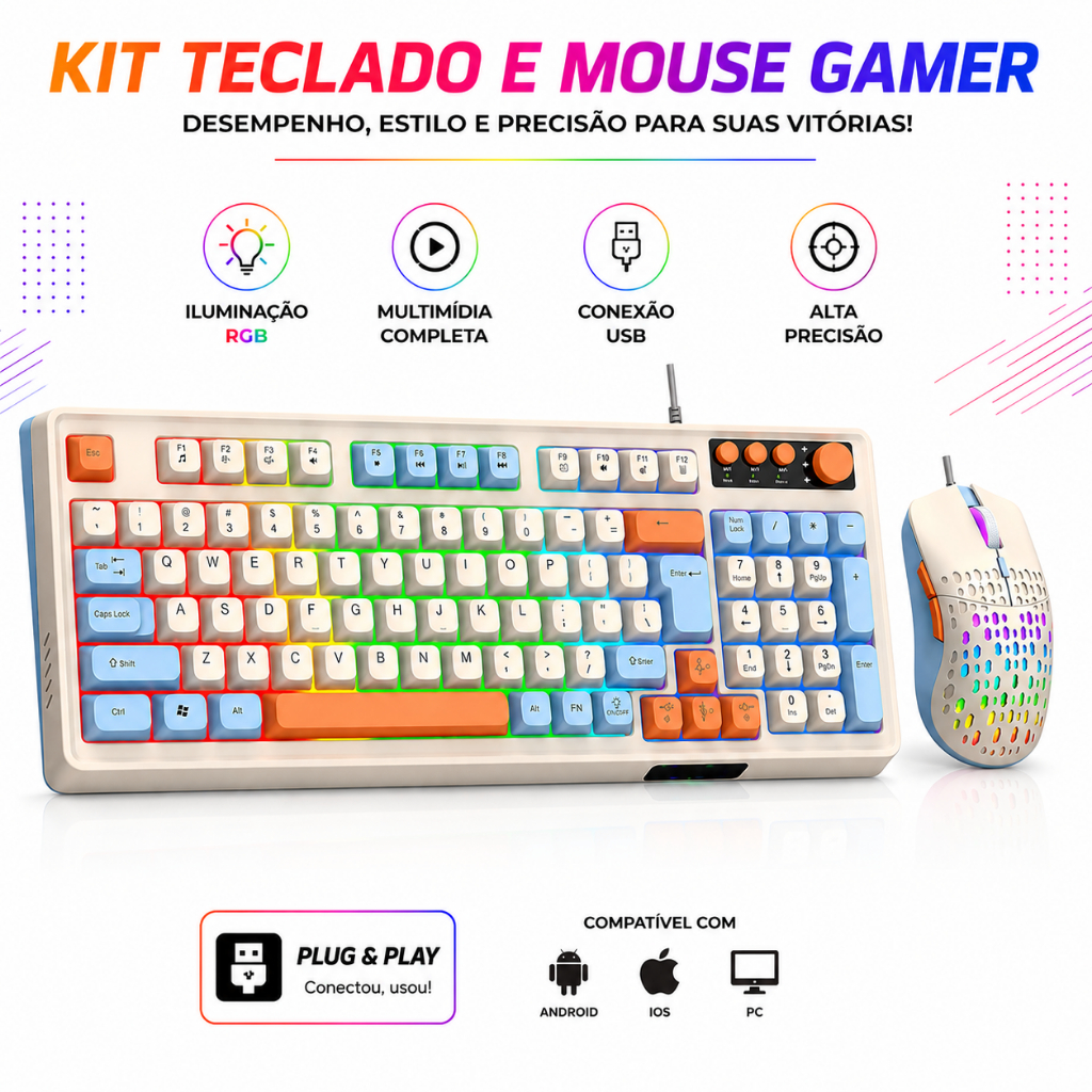 Kit Teclado e Mouse com Fio LED Gamer Lehmox Ergonômico USB ABNT2