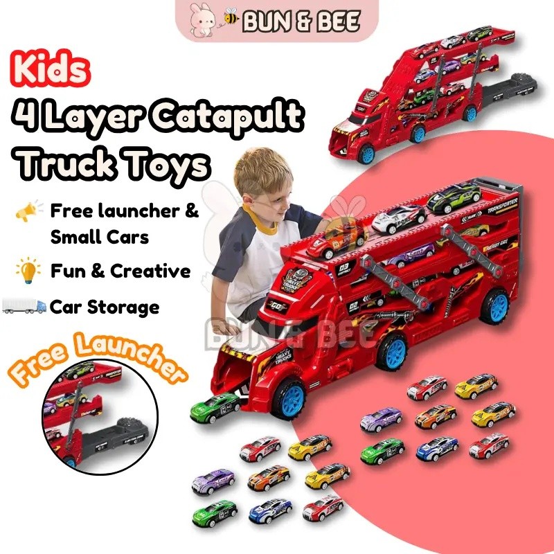 [Free 6pcs Cars]Kids Truck Toys Playset Car Toys For Boys Foldable Truck Toys Kereta Mainan Lori Budak