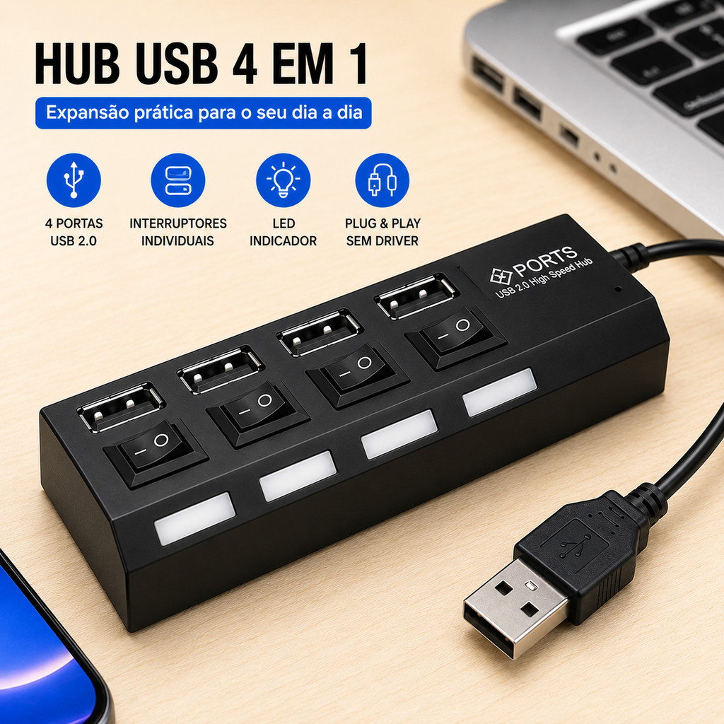 Hub USB 4 Portas 2.0 Hi-Speed 480Mbps Extensor para Pendrive Mouse Teclado