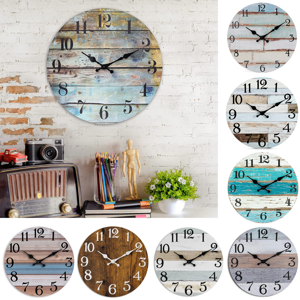 10-inch Vintage Rustic Wood Wall Clock Silent Non-ticking Battery Operated Digital Analog Home Decor for Living Room Bed
