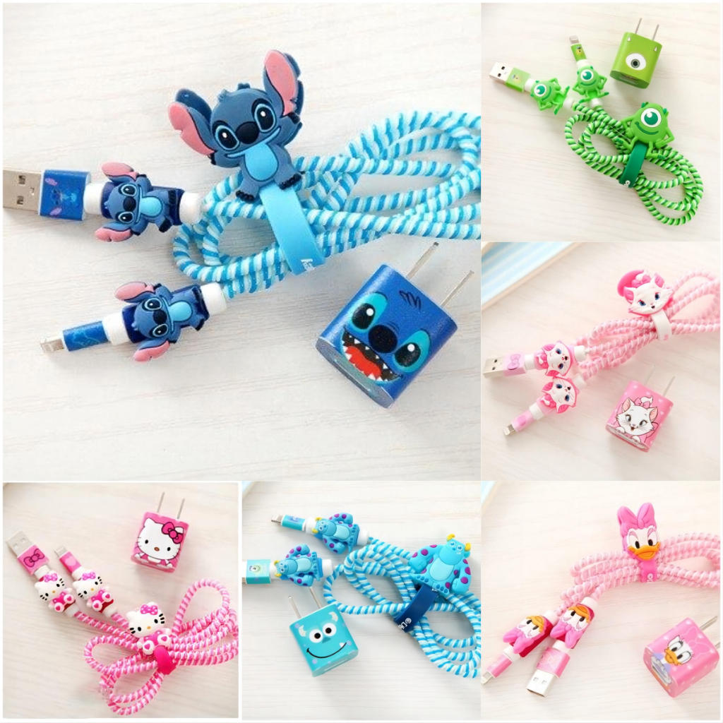 A set of Cartoon Cable Protector Set for Iphone Usb Charger With Charger Stickers Spiral Cable Winder Generic