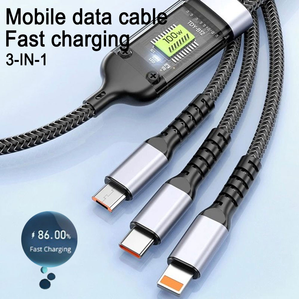Braided anti bending data cable ultra Data 3 in 1 120W Type-C Cable FOR iPhone ios USB Androi Charging display voltage