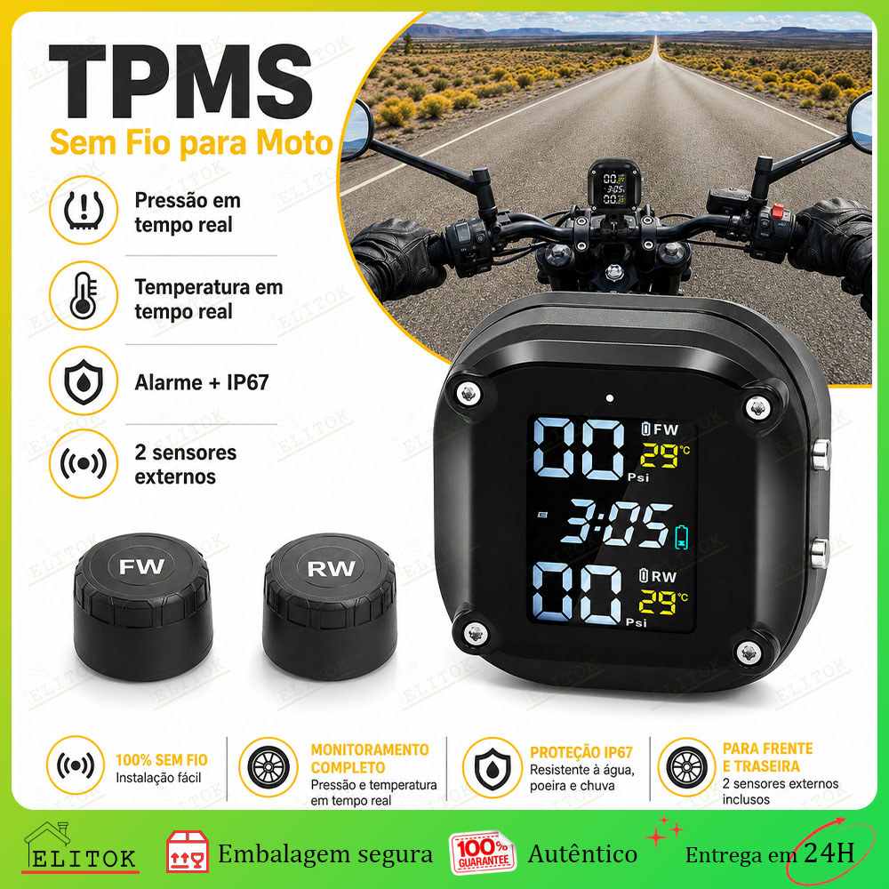 Monitor de Pressão dos Pneus para Moto – TPMS Wireless com Alarme Sonoro e Visual