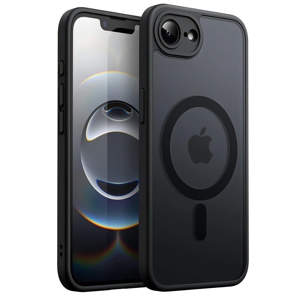 Capa de telefone magnética preta mate compatível com o for iphone 16E, projetada para carregamento sem fio magnético.