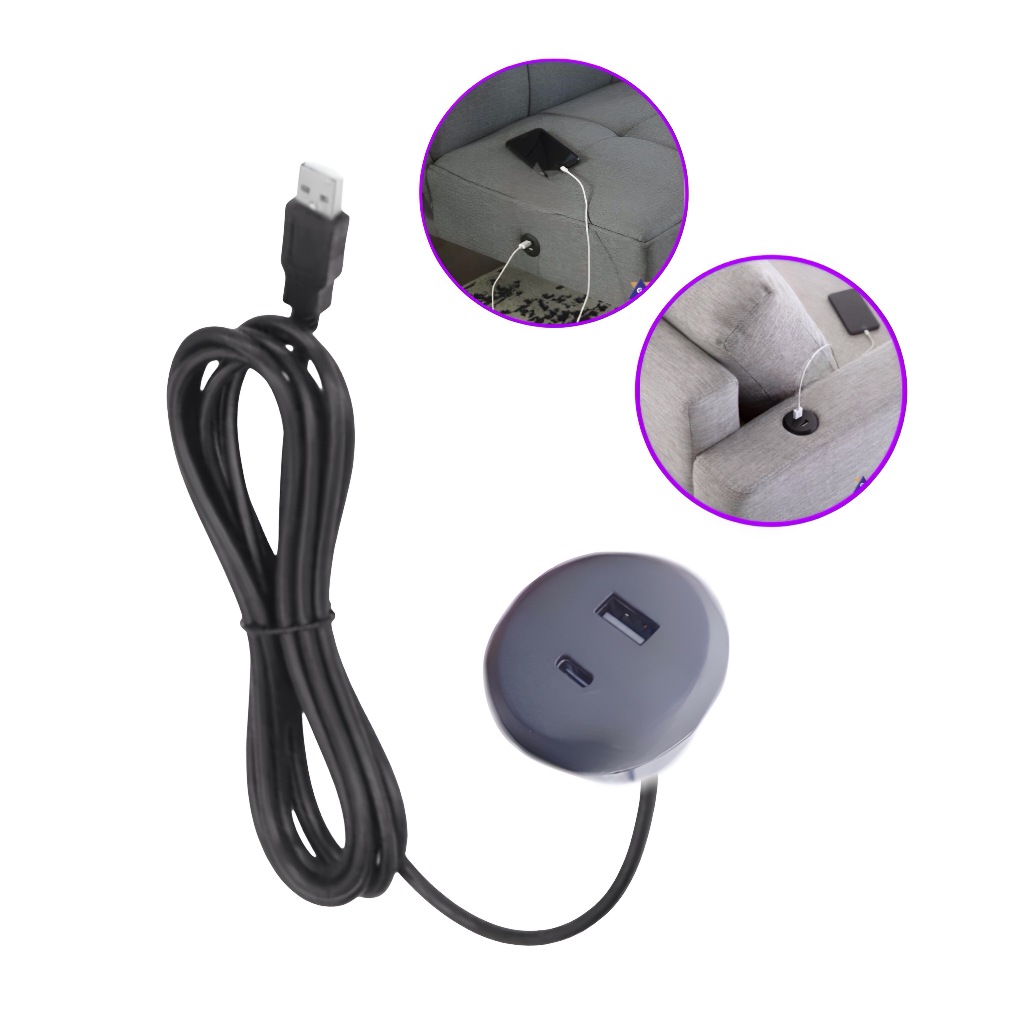 Tomada Embutir USB Duplo Tipo C e A Redonda Sofá Mesa Escritório Bancada Desktop Escrivaninha Carregador Celular Tablet