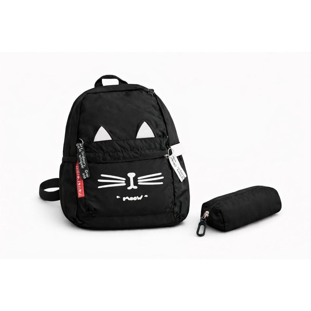 Mochila + Estojo Feminino Gatinho Estilo Espaçosa Escolar