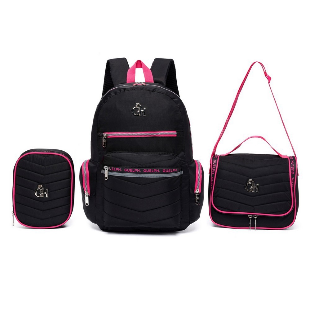 Kit Mochila Lancheira Estojo Feminina Guelph Escolar Resistente Faculdade Passeio