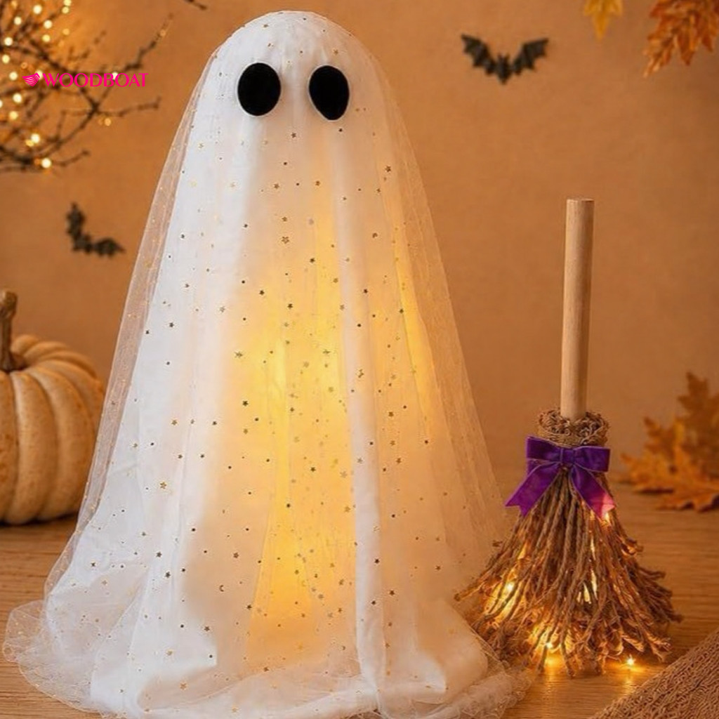 Courtyard Lawn Halloween Ghost Adjustable Tripod Stand Decoration with Broom – Cute Standing White Spooky Sequins for