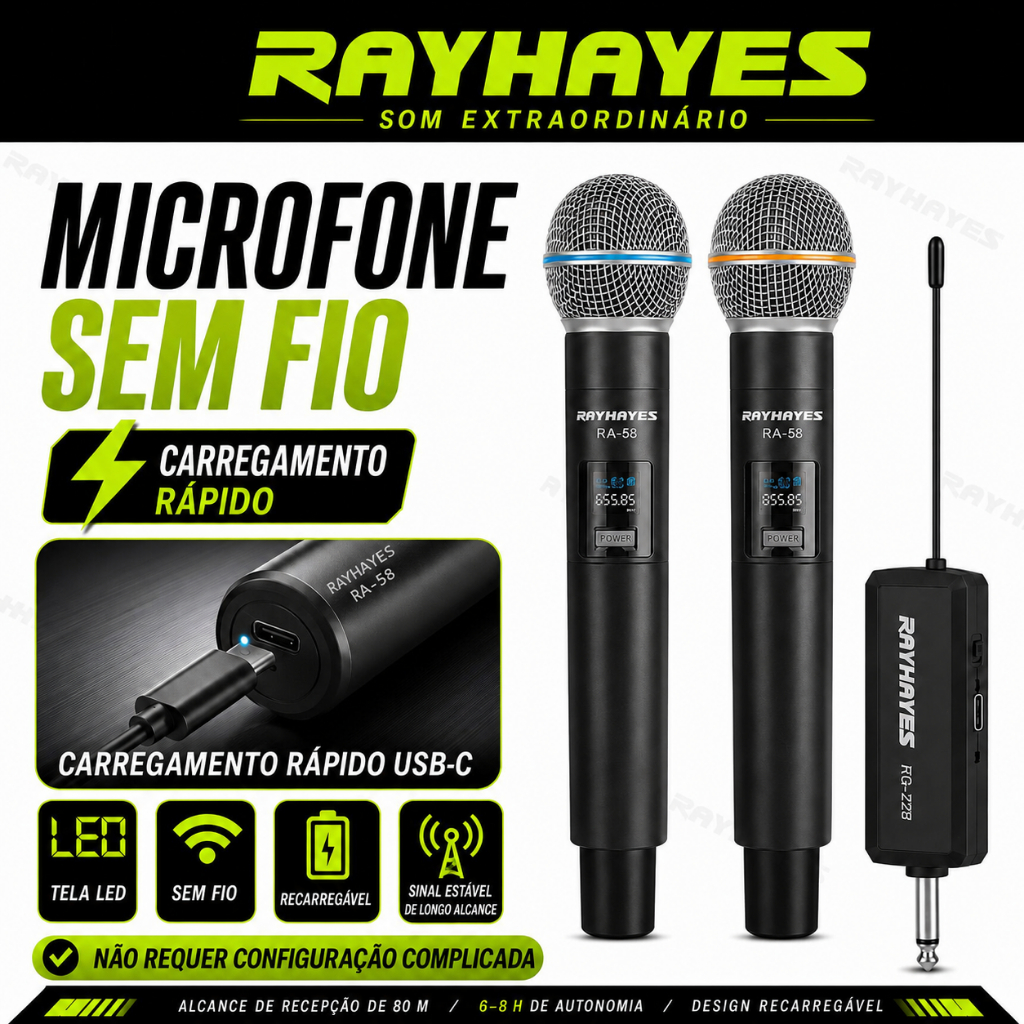 Microfones Sem Fio Uhf Duplo Profissional Digital Recarregável RA-58