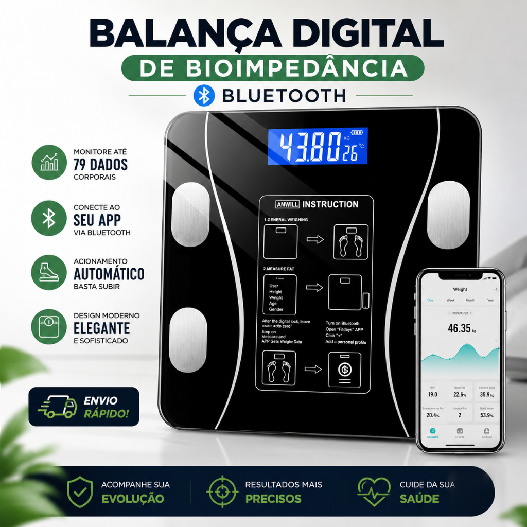 Balança Digital Bioimpedância Bluetooth Corporal Inteligente 79 Dados App Smartphone