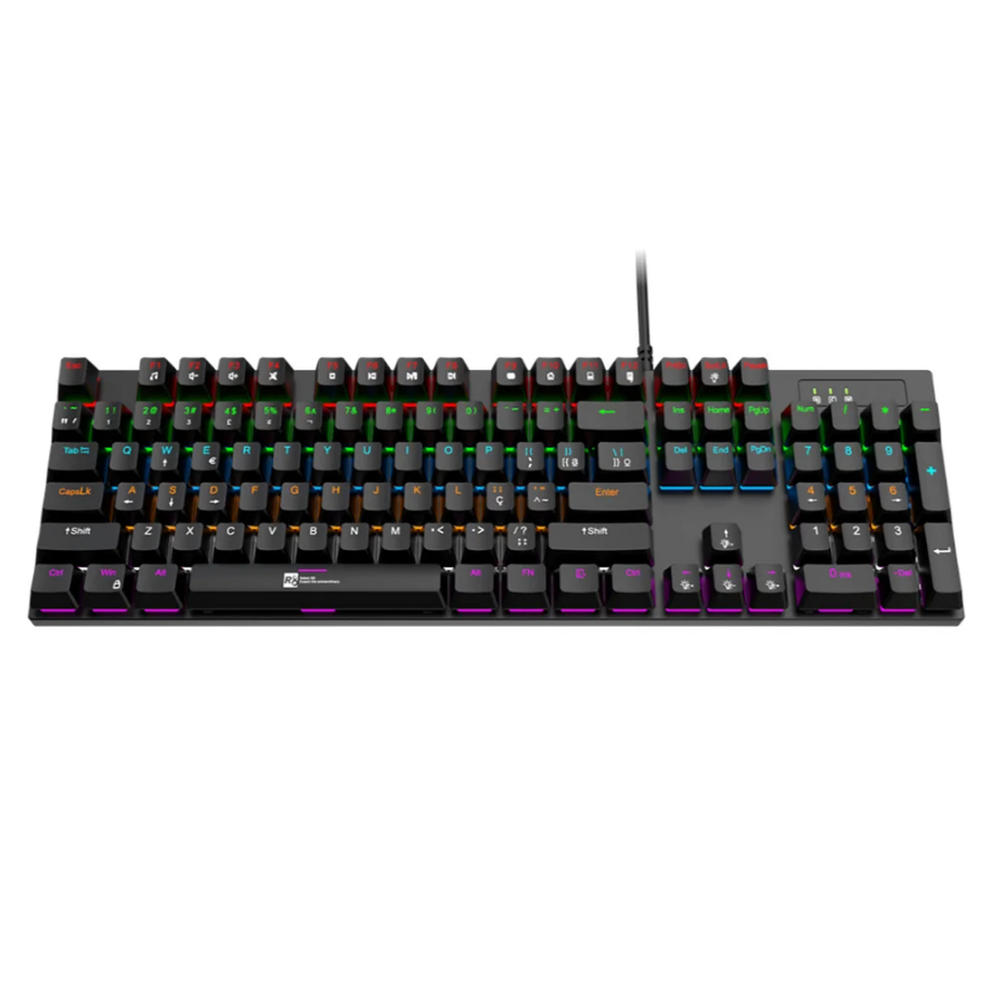 TECLADO MECÂNICO GAMER R8 1035 PROFESSIONAL 104 MECHANICAL KEYBOARD 100% COM FIO PRETO LED