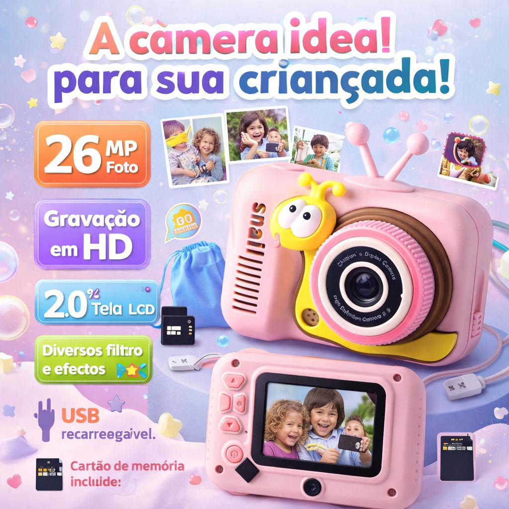 Câmera Digital Infantil para Meninas – Design Caracol, Fácil de Usar