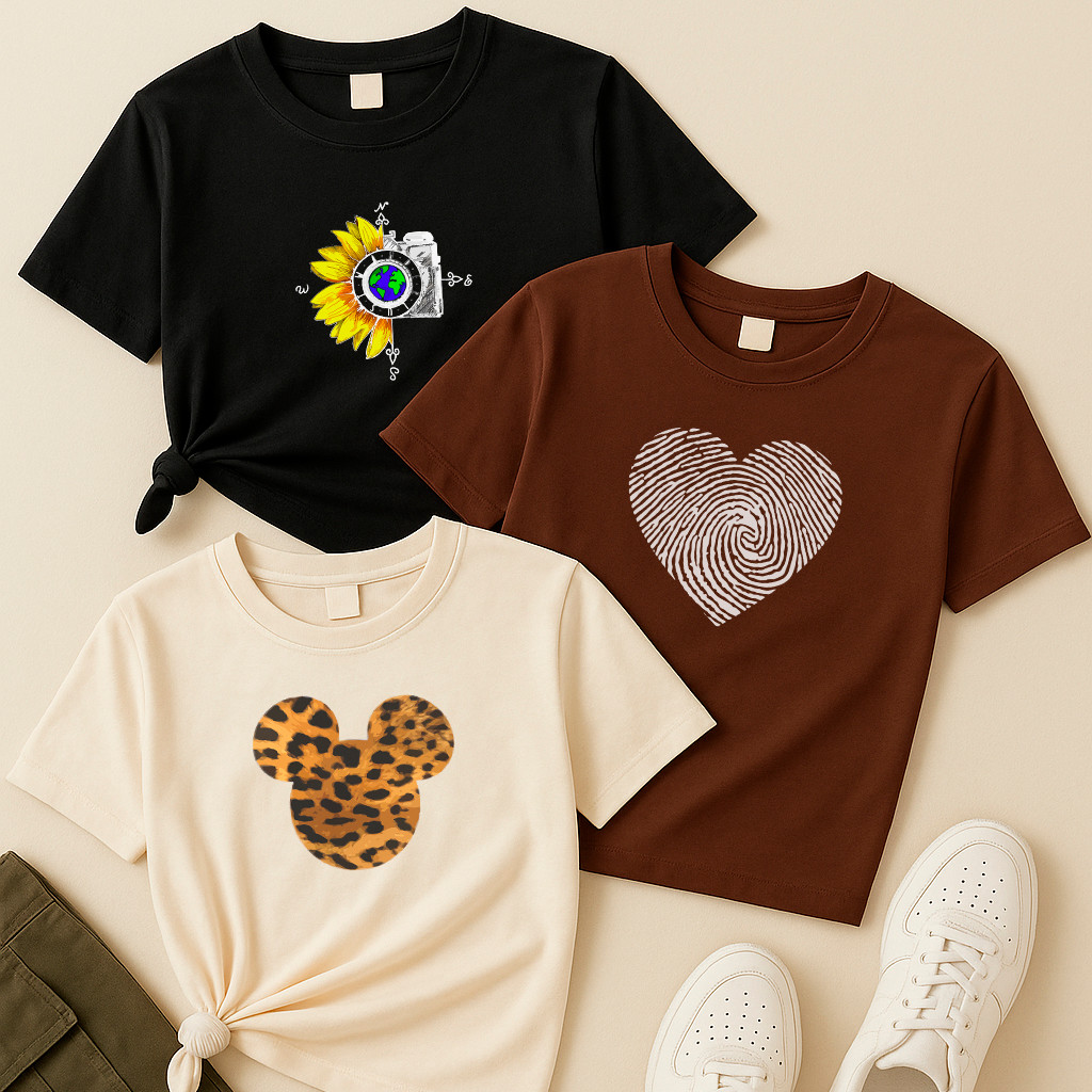 Kit 3 camisetas femininas Girassol Câmera, Coração Digital e Mickey Onça