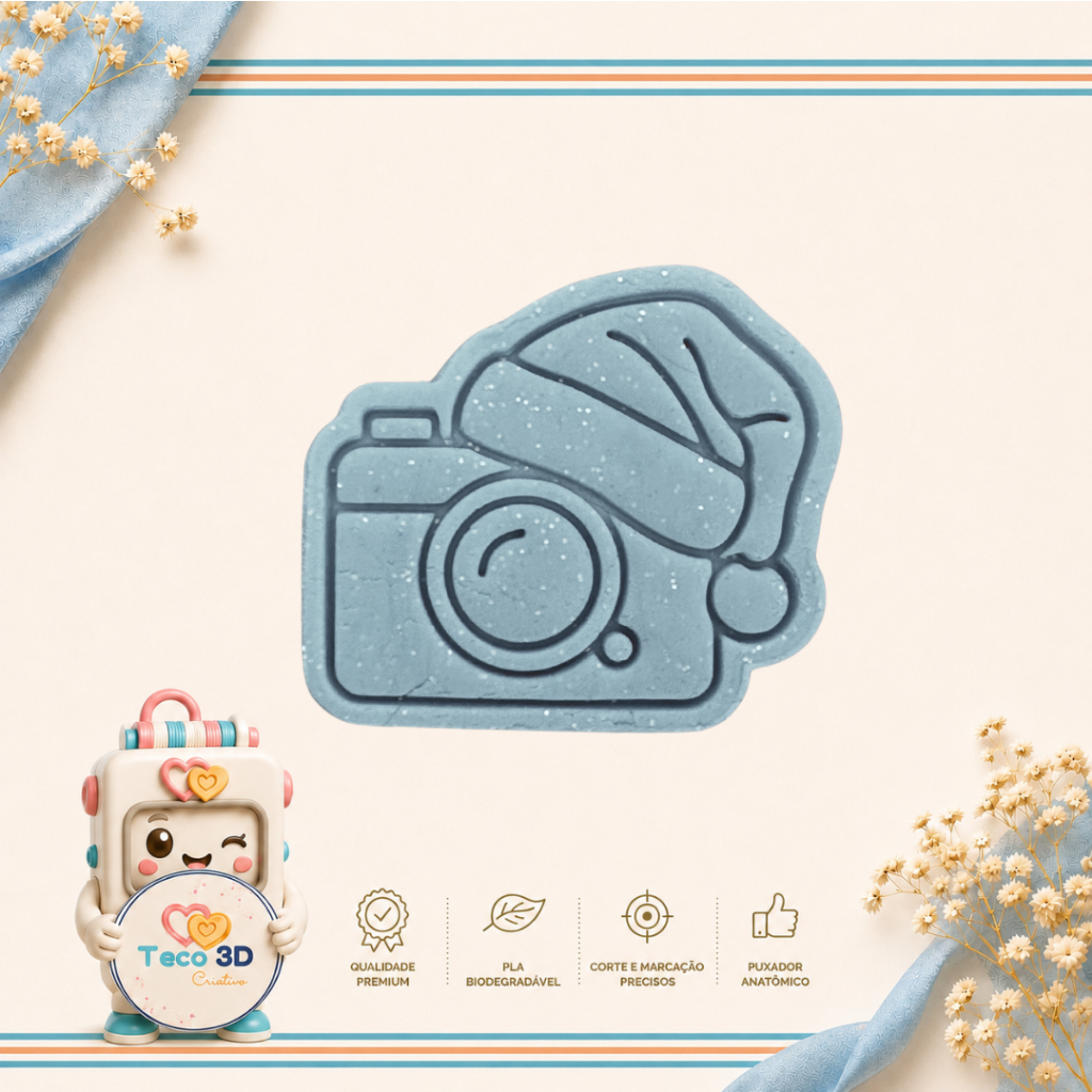 CORTADOR DE BISCOITO NATAL FOTO CÂMERA FOTOGRÁFICA COM GORRO NATALINO MARCADOR CARIMBO FOTO DIGITAL CONFEITARIA MASSA