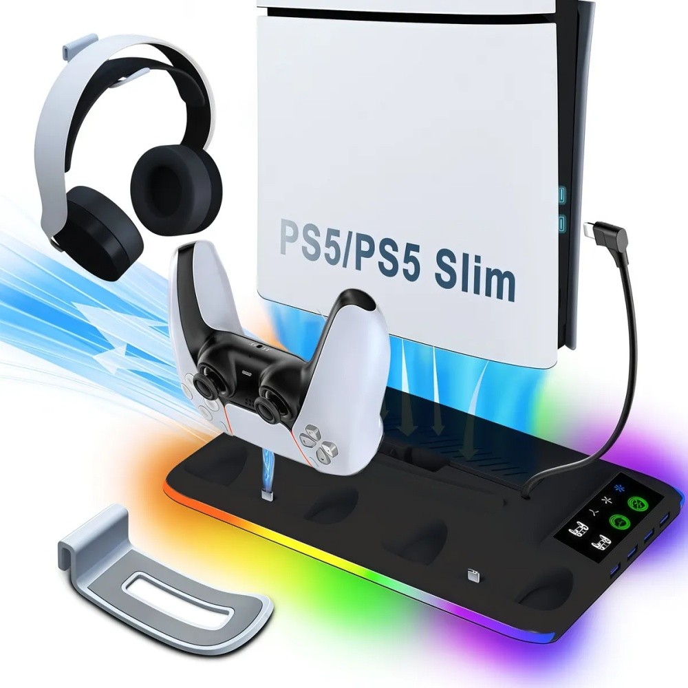Base Cooler Para PS5/SLIM/PRO Suporte Dock Carregador de Controles Controles Com Led RGB Cor Branco Preto