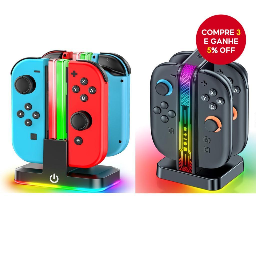 Carregador de Controlador Joy-Con 4 em 1 com Luz RGB para Nintendo Switch/Switch 2, Carrega 4 Controladores
