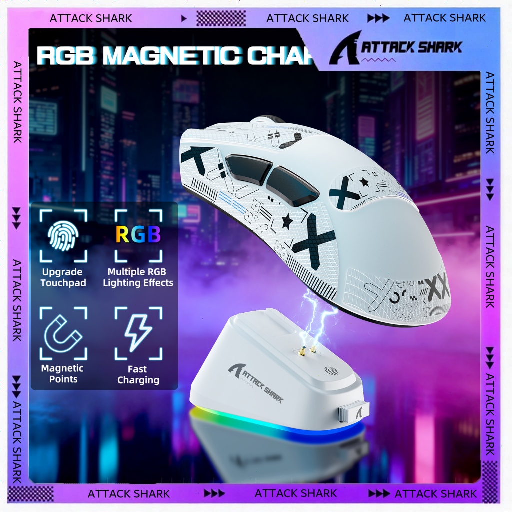 ATTACK SHARK V3 PRO Wireless Ultralight 62g Esports Gaming Mouse-White+Tape, RGB Magnetic Charging Dock, BK52820 IC