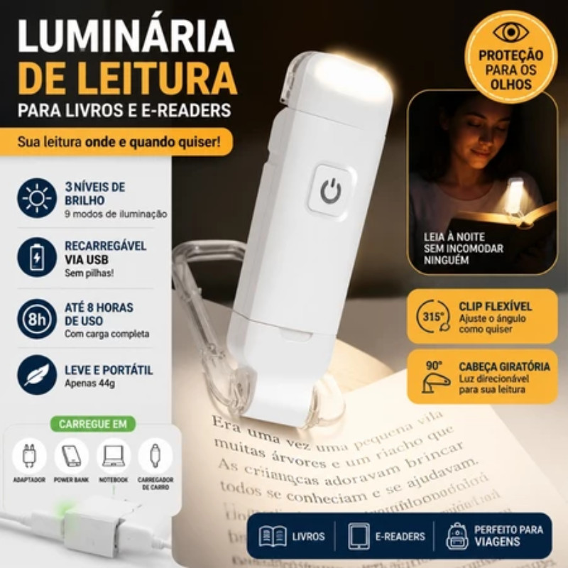 LED Book Reading Light Adjustable Brightness USB Eye Protection Clip Portable Bookmark Light – Proteção Ocular Ajustável