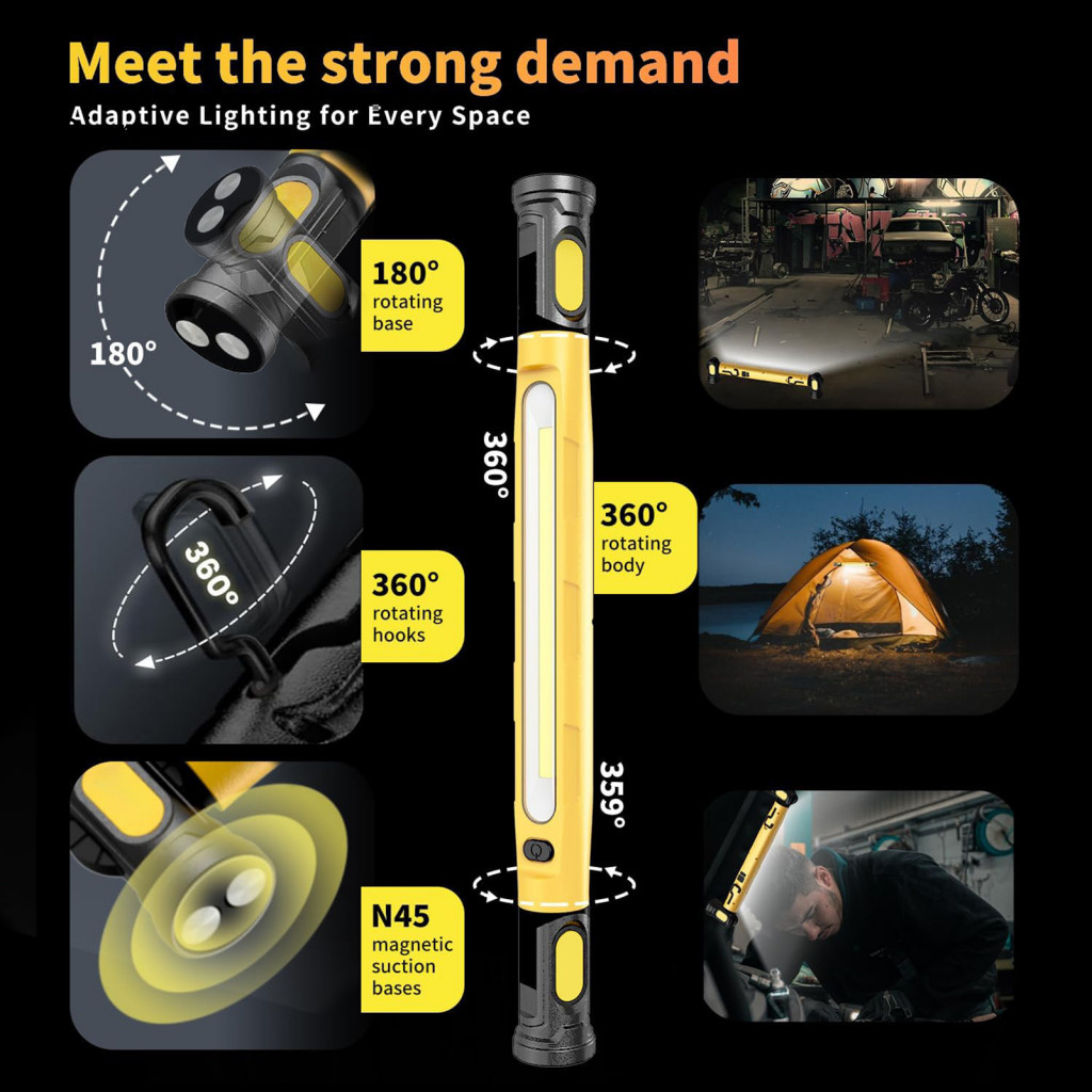 Led Work Light Bar Magnetic Cob Rechargeable with Hooks Adjustable Angle Portable Underhood Emergency Repair Lamp for Ca