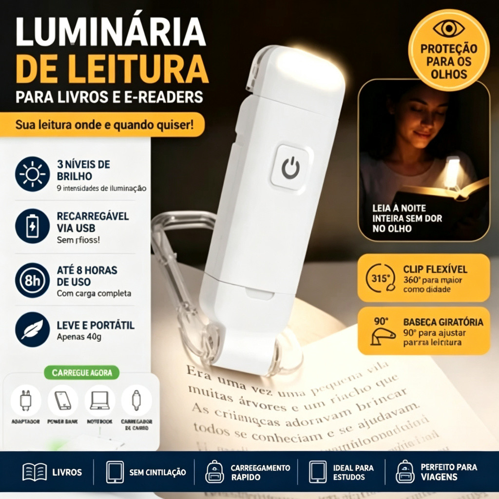 LED Book Reading Light Adjustable Brightness USB Eye Protection Clip Portable Bookmark Light – Proteção Ocular Ajustável