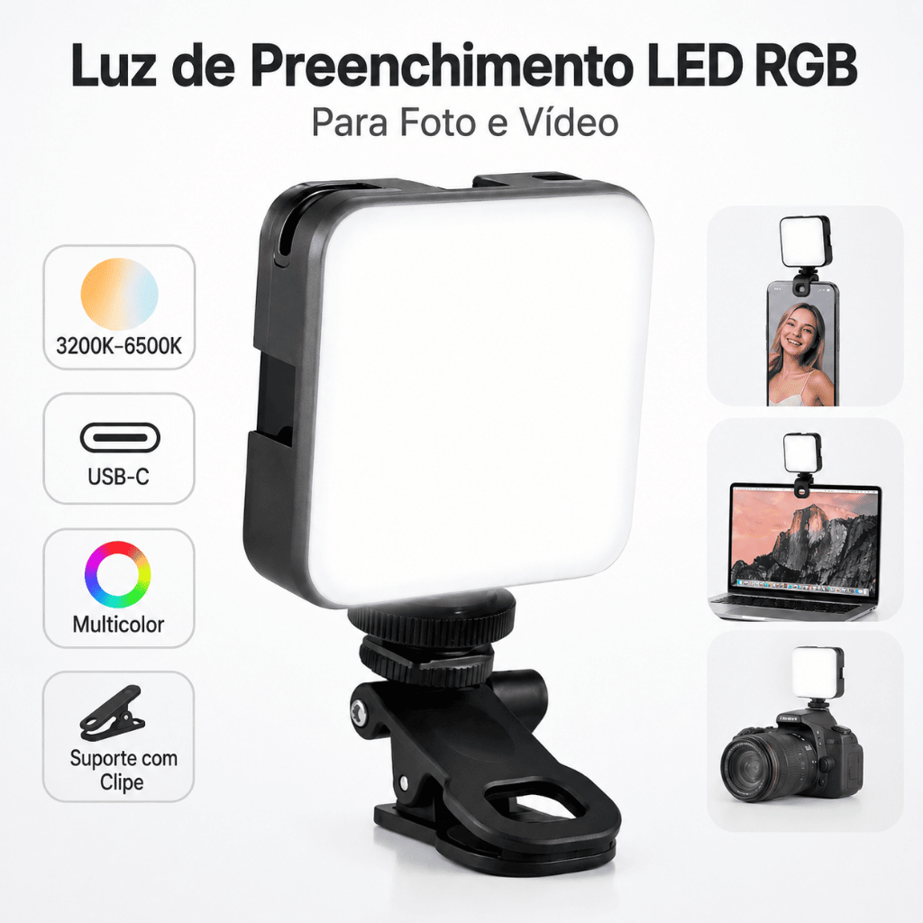 Luz de Led RGB com suporte Multicolor 3200K-6500K para Foto e Vídeo Recarregável