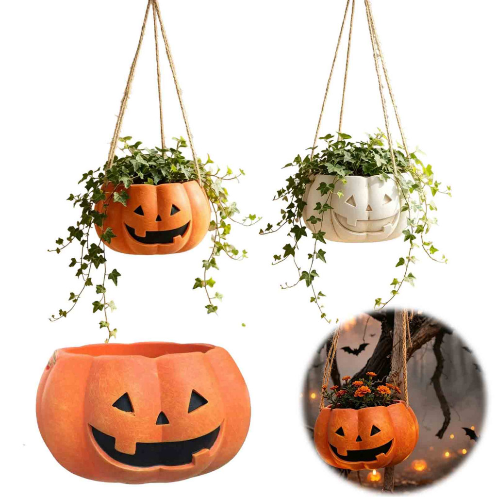 Pumpkin Shaped Hanging Plant Pot 4.3 Inch Lightweight Resin Flower with Adjustable Rope Mini Indoor Outdoor Garden Decor