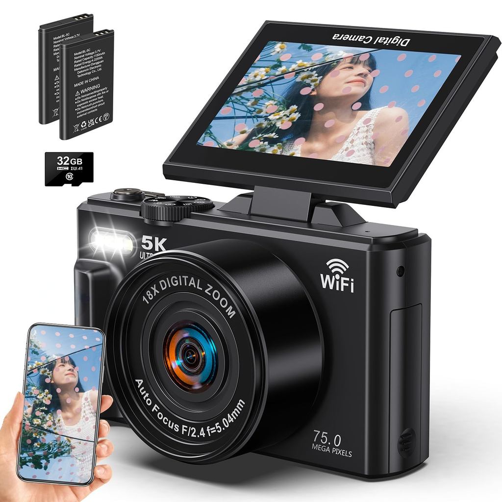 [used] Beho Digital Camera 75MP 5K Recording Digital Camera Wi‑Fi Transfer to Smartphone 180° Rotatable Display