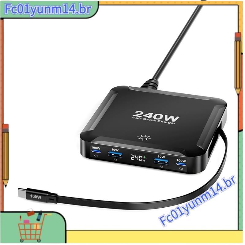 Carregador GaN 240W Display Digital Estação De Carregamento Rápido Com Cabo Retrátil USB C De 100 W Para Smartphones Plu