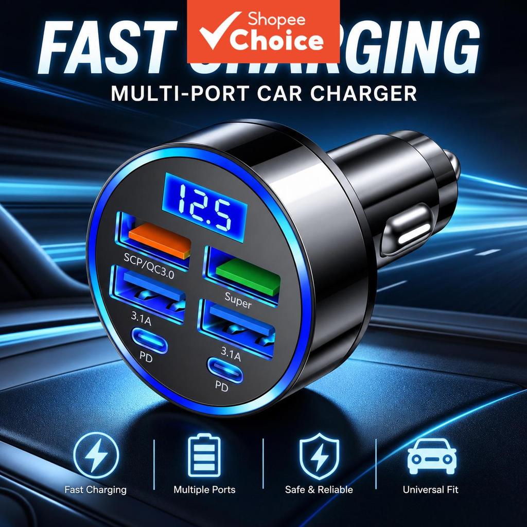 C5-6 Em 1 ‐ Adaptador Rápido Para Carro Dual Type C 3.1A Digital Display Portátil Smartphone Tablet Power Bank
