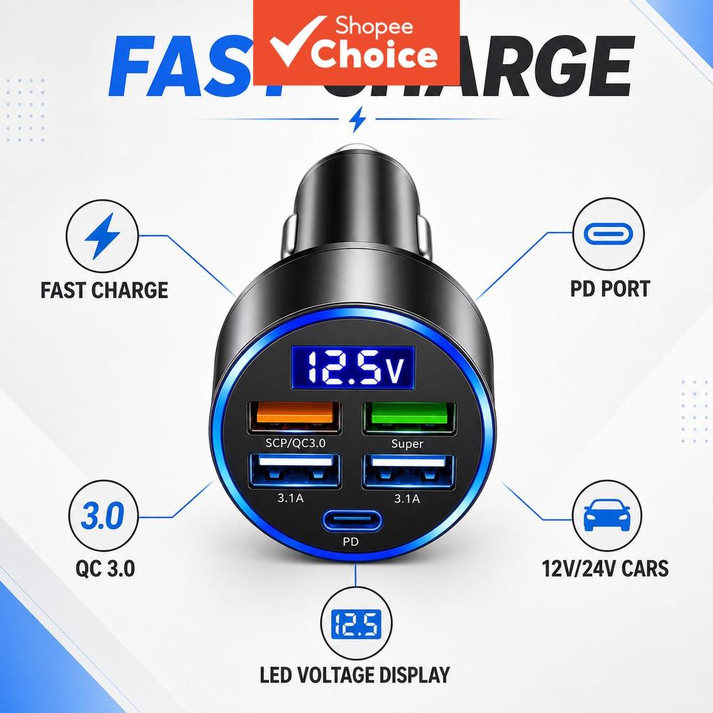 USB ‐ Digital Real Time Voltage Car Charger QC30 PD Adaptador De Carregamento Rápido Para Smartphone Auto Electronics