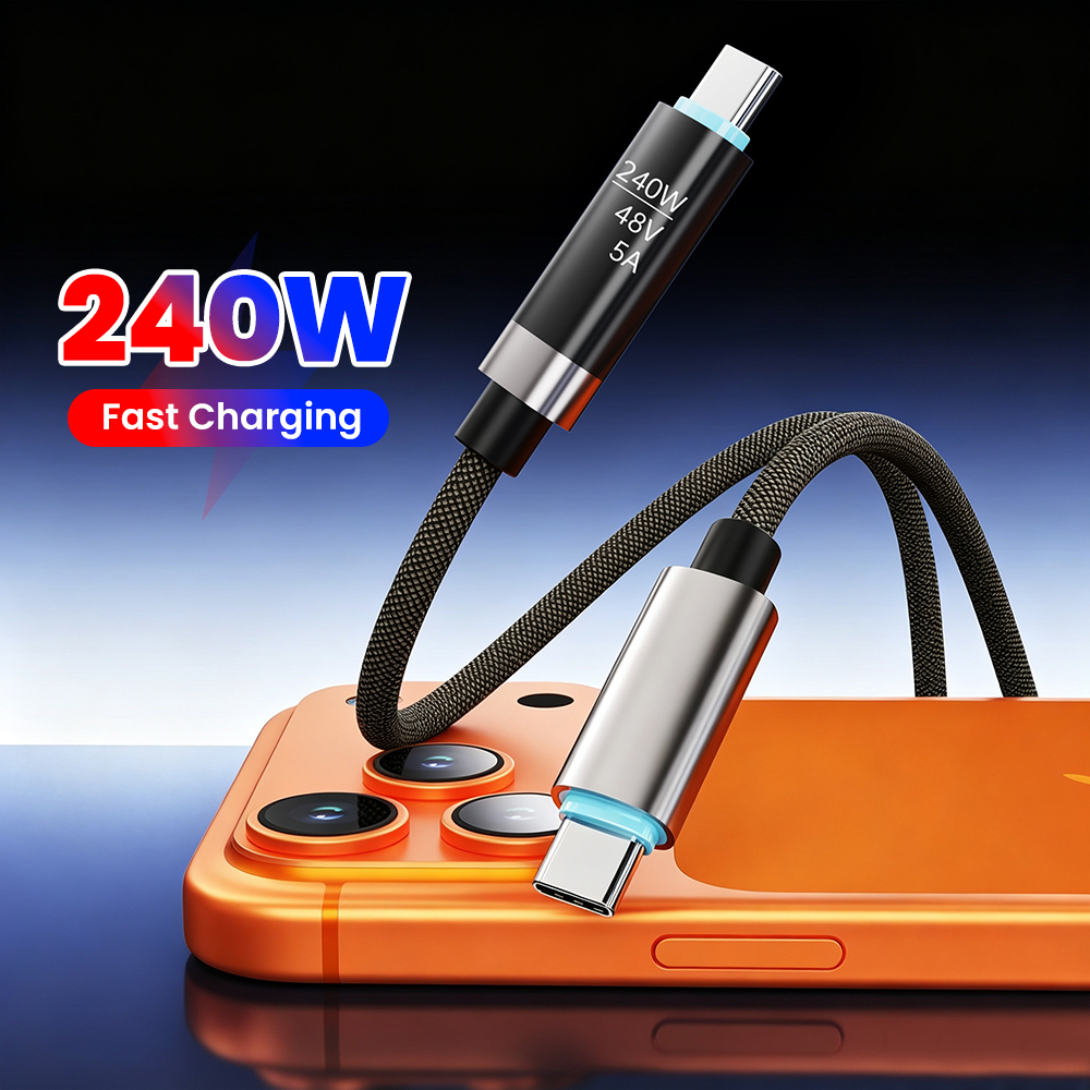 Cabo de carregamento rápido duplo USB-C 240W com tela digital OLED para smartphones
