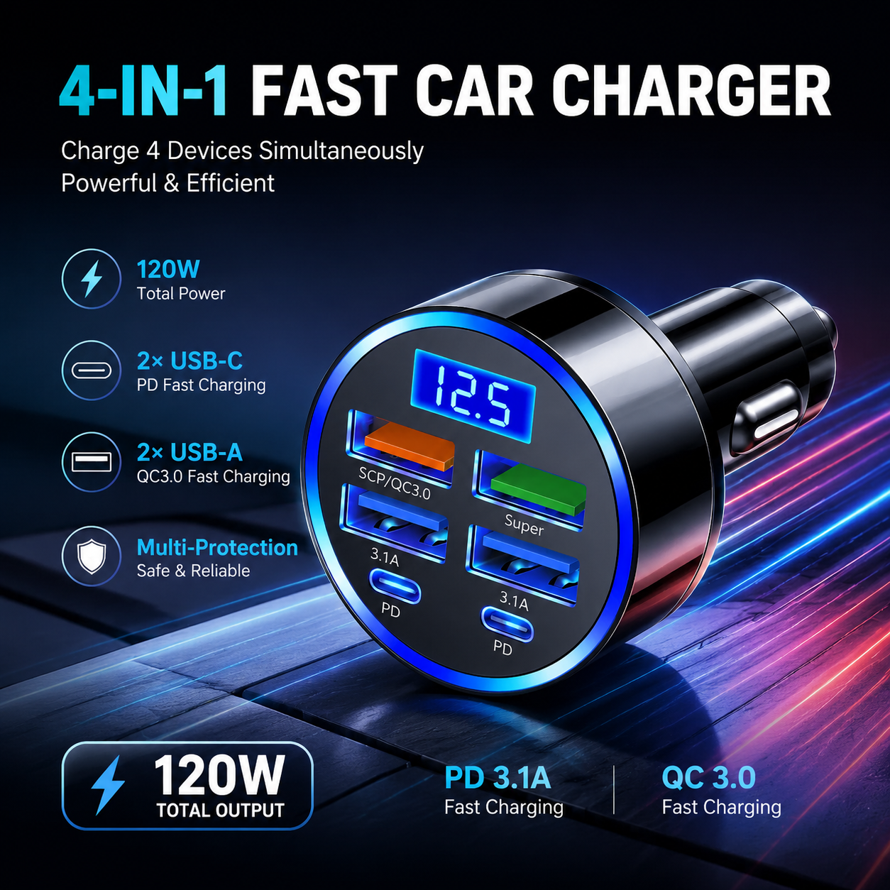 Adaptador de carro de carregamento rápido 6 em 1 2026 3.1A Display digital Dual Type-C para smartphones e tablets s
